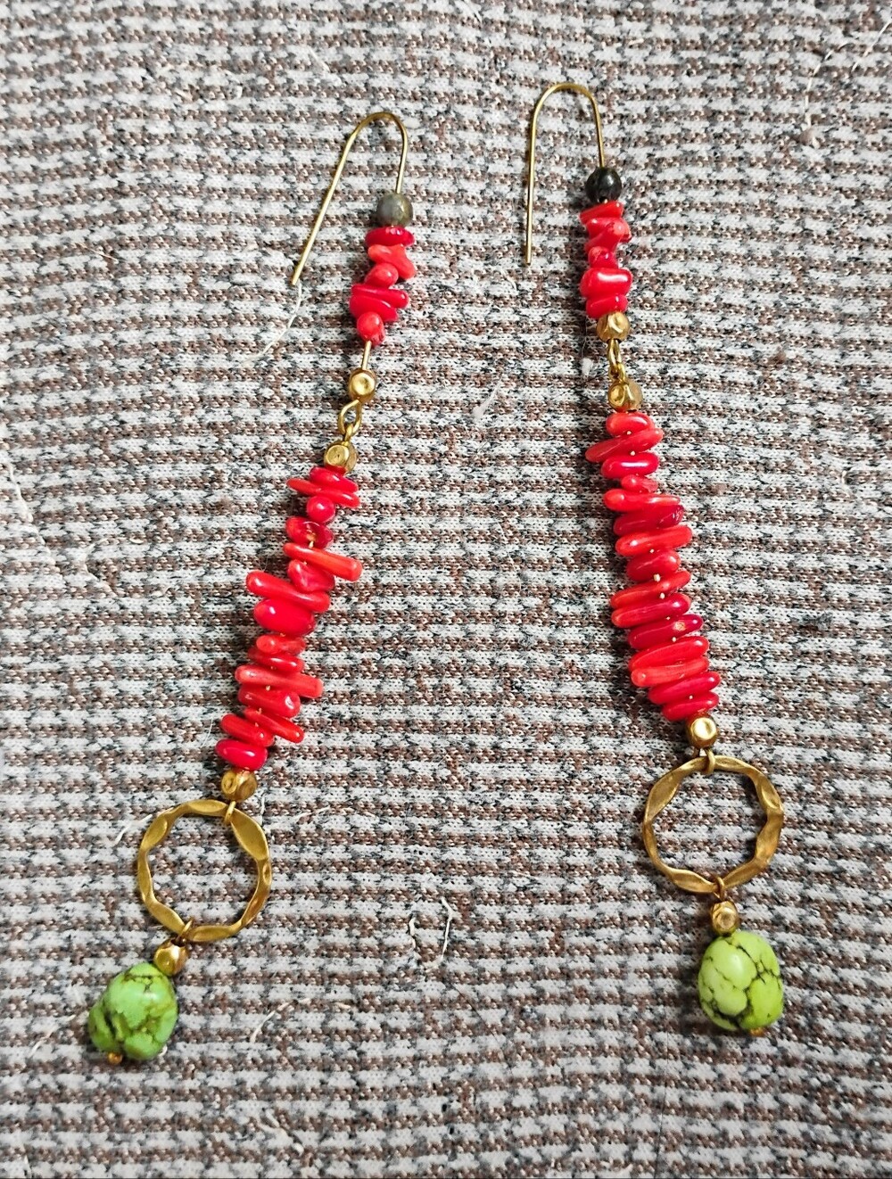 Long Coral and Green Turquoise Handmade Earrings